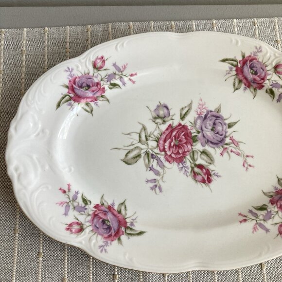 FAVOLINA Poland SERVING PLATTER Roses 13” Oval Gold Trim Cottagecore   Farm - Picture 2 of 9